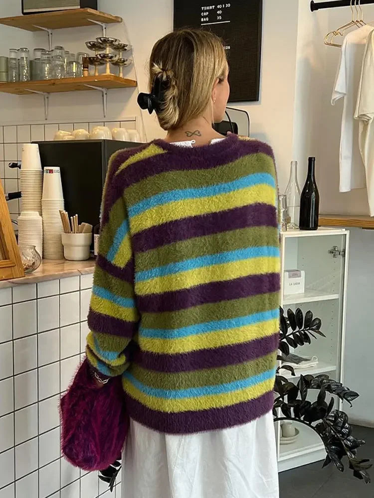 maoxiangshop - Fashion Colorful Mohair Striped Sweater Women O Neck Long Sleeve Loose Knitted Pullover Winter Lady Soft Street Warm Jumper