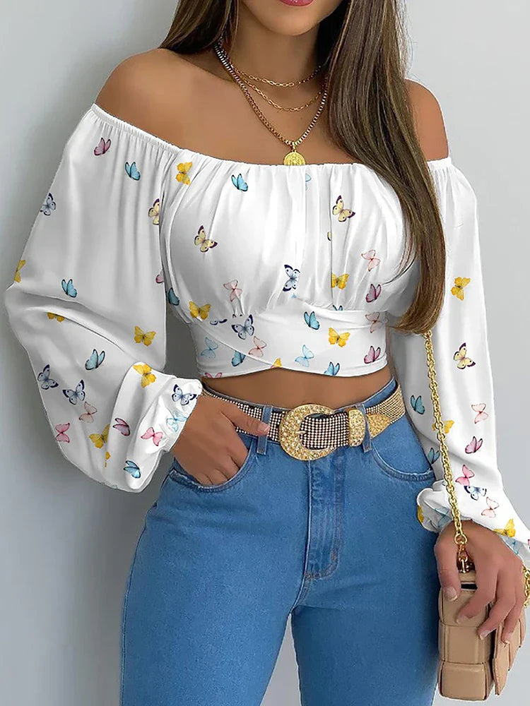 maoxiangshop Women Sexy Off Shoulder Printing Blouses Chic and Elegant Lantern Long Sleeve Lace Up Bow Cropped Tops Casual Slim Shirts