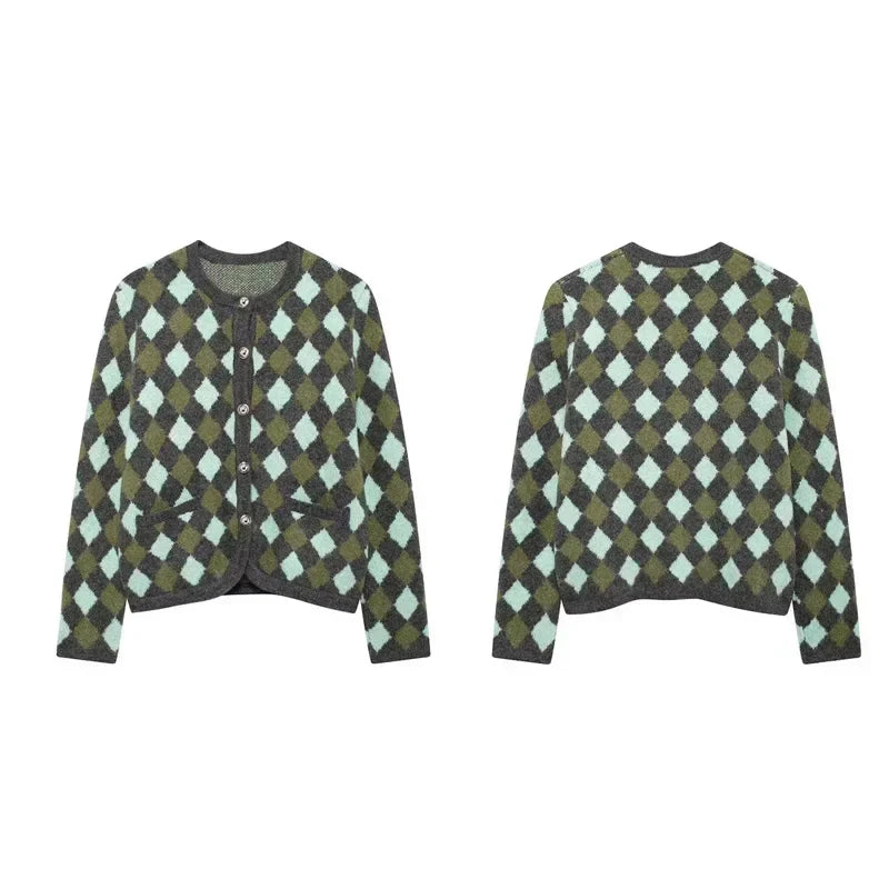 maoxiangshop - Elegant Plaid Knitted Cardigan Women Casual O-neck Long Sleeve Single Breasted Female Sweater 2024 Autumn Pocket Lady Knitwear