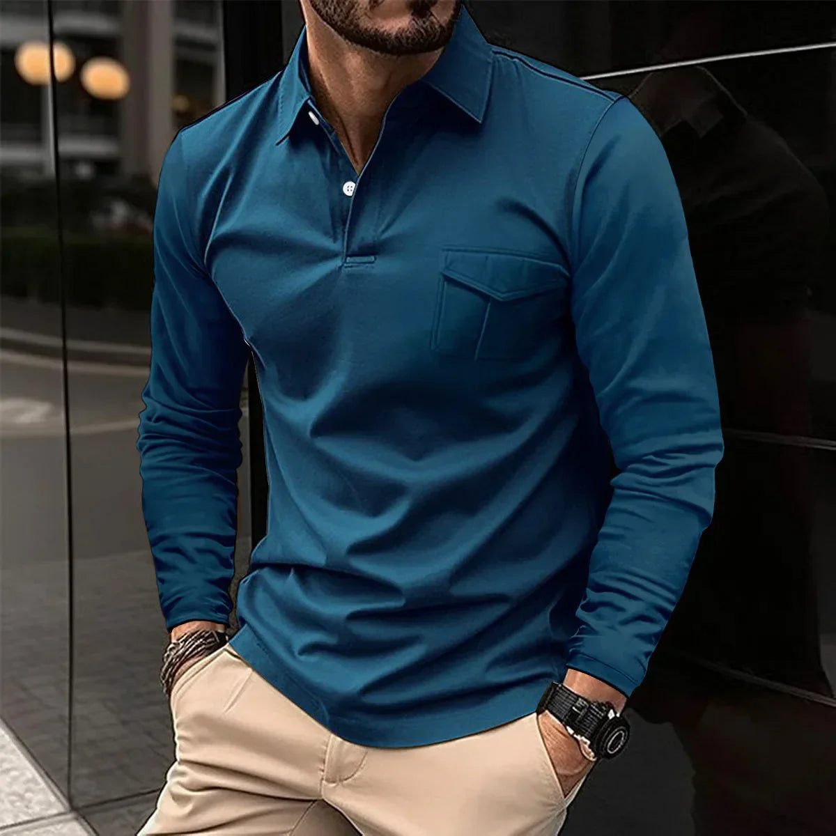 maoxiangshop Autumn And Winter New Sports Polo Shirt Men's Long-sleeved Casual Lapel Polo Shirt Solid Color Pocket T-shirt