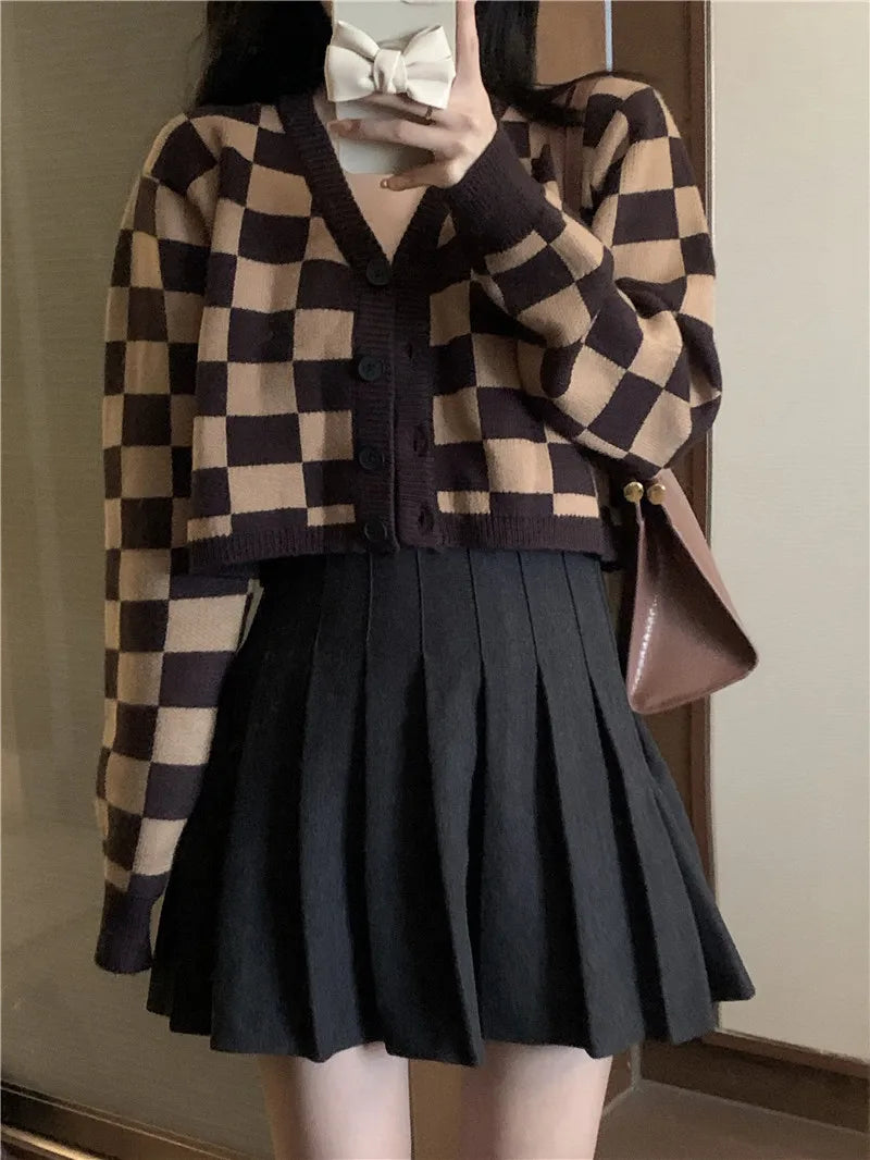 maoxiangshop Checkerboard Crop Cardigan V-neck Button Up Knitted Sweaters Women Autumn Winter Outfit