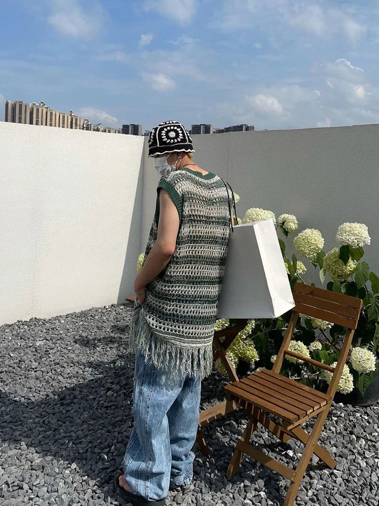 maoxiangshop Striped Mesh Vest for Men Vintage Knit Tank Tops Sleeveless Tee Male Casual Summer Beach Japanese Streetwear Hip Hop