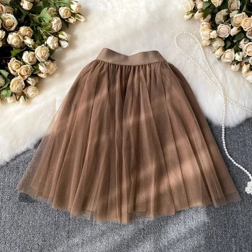maoxiangshop Sweet Women Mini Skirt Mesh Solid Tierred Ruffles Elastic Waist Women's Clothing Almighty A-line Tulle Skirts Summer