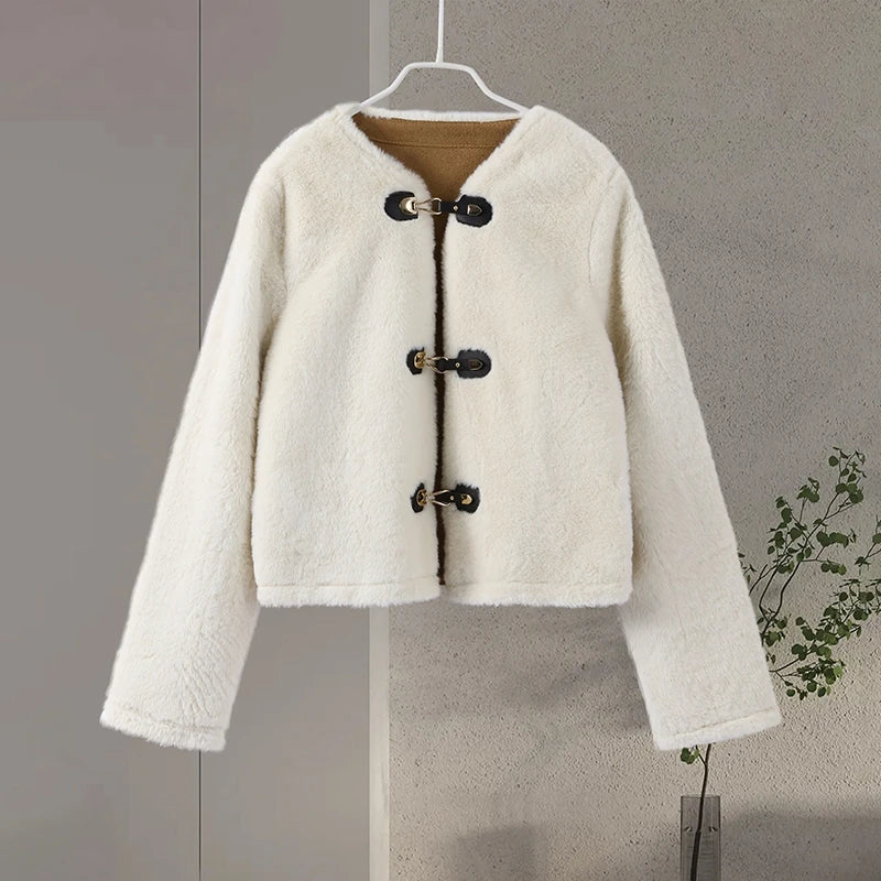 maoxiangshop - 2024 Winter Lambs Wool Jacket Coat Loose O-neck Leather Knot Buckle Long Sleeve Plush Jackets Autumn Fashion Lady Solid Outwear