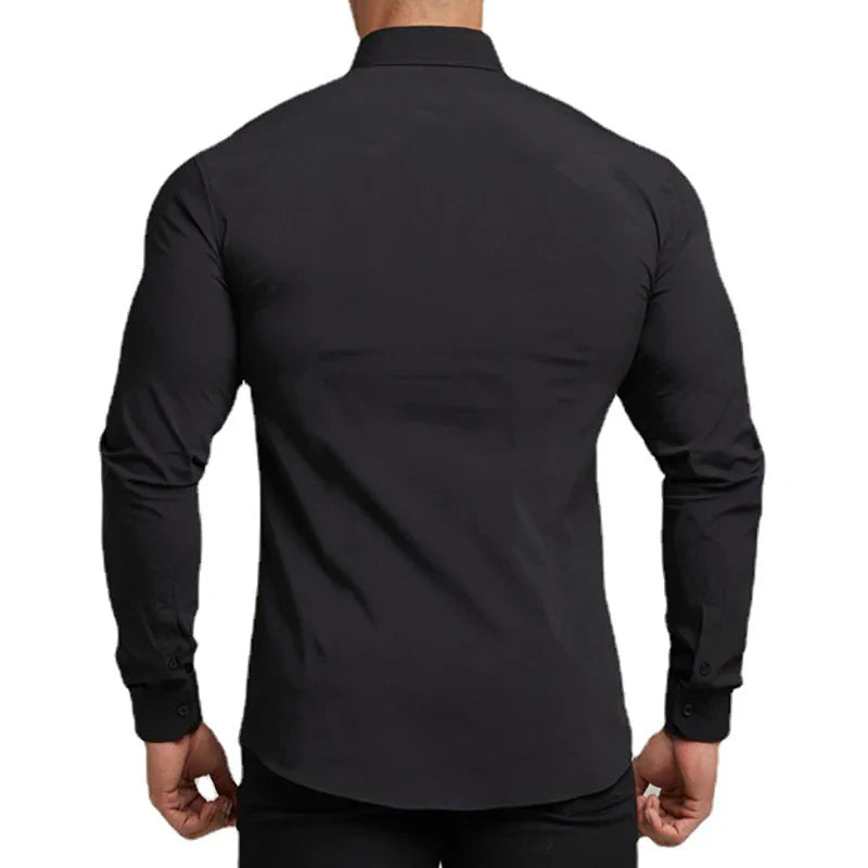 maoxiangshop New Fashion Casual long Sleeve Solid Shirt Mens Super Slim Fit Male Social Business Dress Shirt Men Gym Fitness Sports Clothing