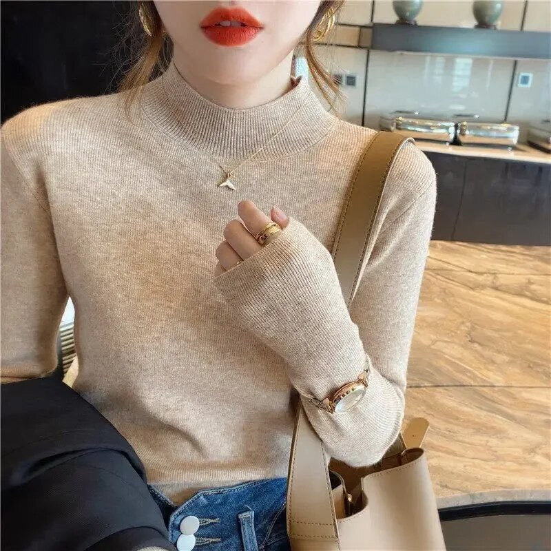 maoxiangshop Fashion Solid Color Turtleneck Women Autumn Winter Knitted Sweaters Basic Primer Pullovers Korean Sweater Slim-fit Pullover