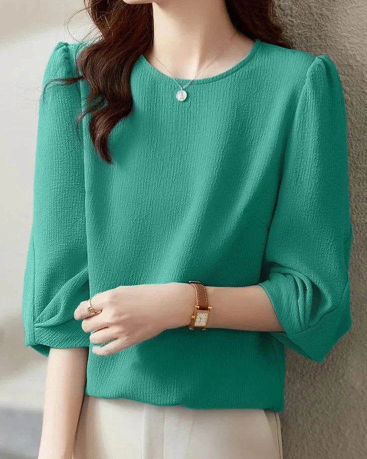 maoxiangshop Autumn Spring Women Blouses Solid Tops 3/4 Sleeved Office O-Neck Shirts Blusas Casual Streetwear Female Tunic