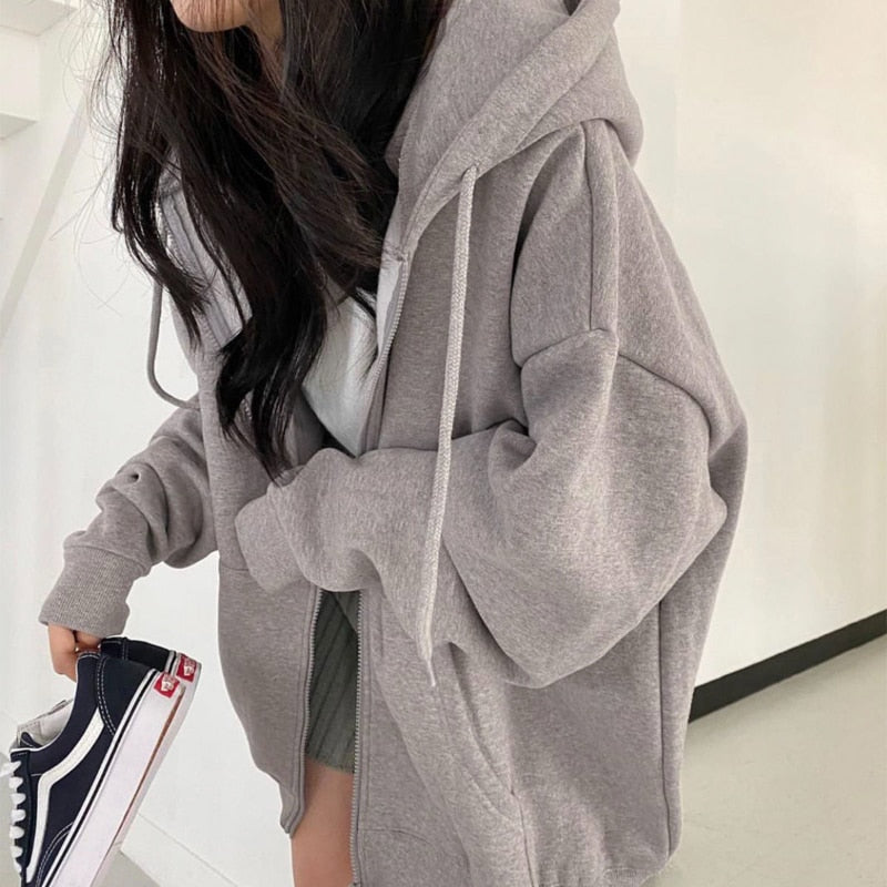 maoxiangshop Harajuku Zip Up Hoodie Women Retro Long Sleeve Oversized Solid Color Hoodies Autumn Korean Style Pocket Drawstring Sweatshirt