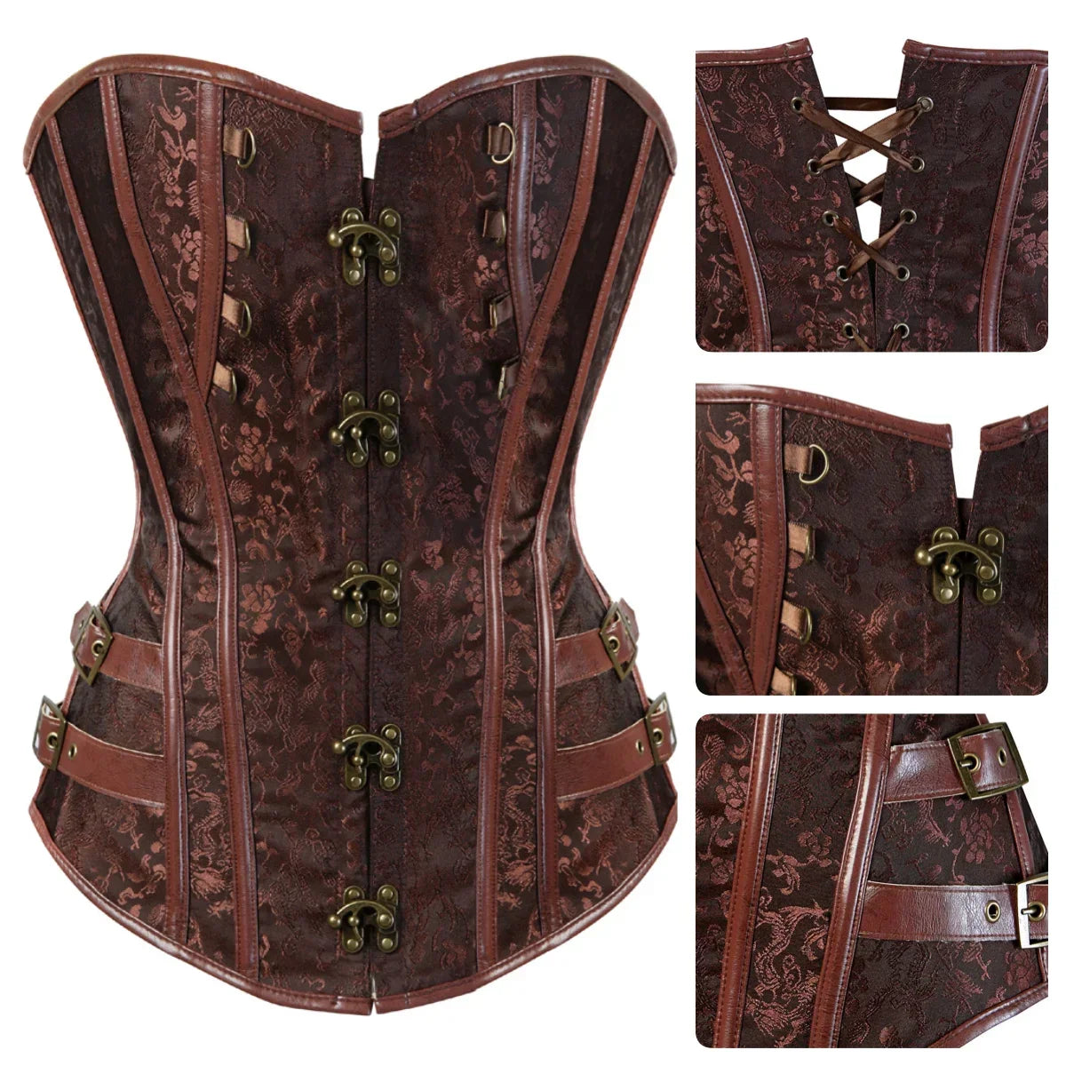maoxiangshop - Gothic Corset Top for Women Steampunk Corsets Leather Jacquard Bustiers Pirate Basque Halloween Cosplay Costumes Rave Outfits