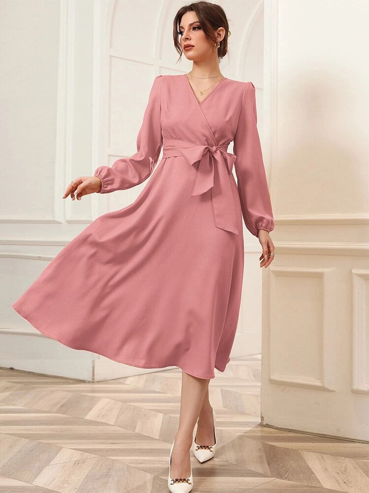 Summer Dresses Woman Elegant V-neck Long-sleeved Dress Fashion Office Midi Dress Bandage Dresses Party Women's Clothing