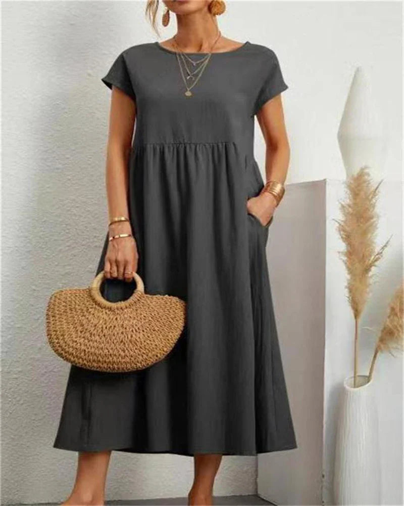 maoxiangshop Women's Elegant Solid Color Dress Summer Short Sleeve O-Neck Vintage Harajuku Cotton Linen Comfortable Loose Pocket Long Dress