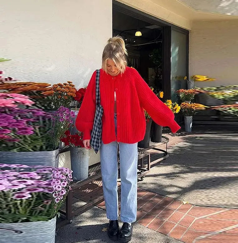 maoxiangshop - O-neck Single Breasted Cardigan Knitted Coat Women 2024 Autumn Winter Casual Solid Color Long Sleeve Red Warm Sweater Coats