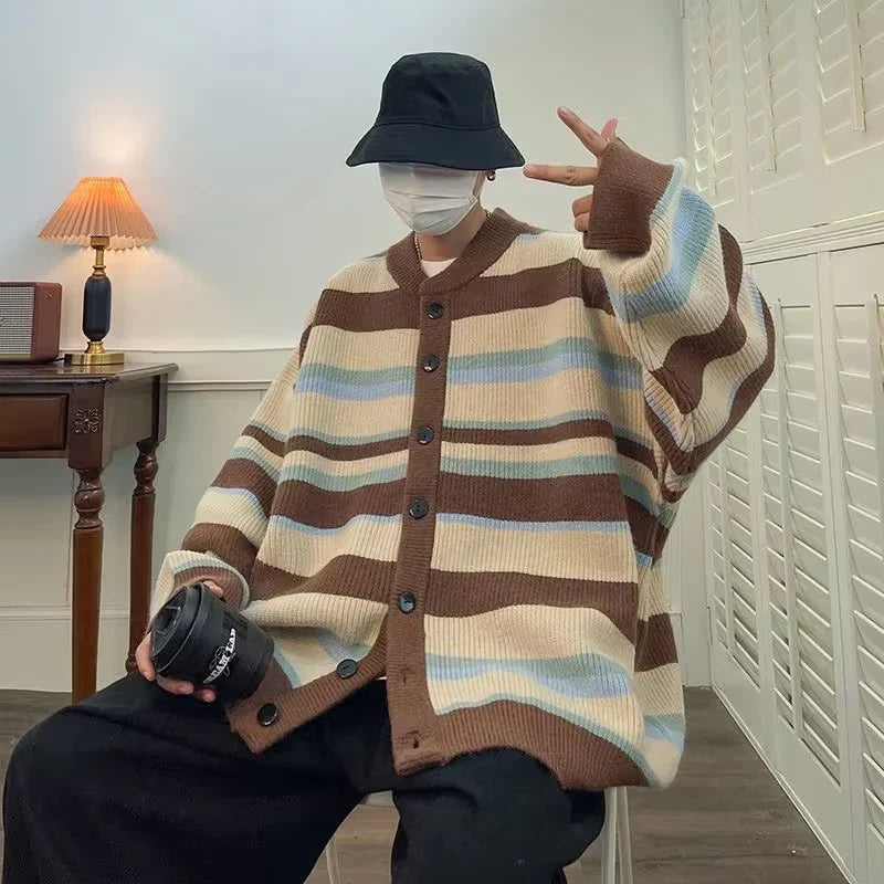 maoxiangshop Vintage Cardigan Men Autumn Striped Harajuku Baggy Streetwear Cozy Contrast Color Daily Japanese Style Versatile Couple Tender