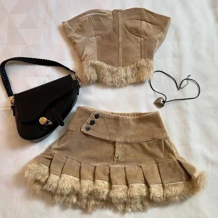 maoxiangshop - Y2K Harajuku Gothic Leather Jacket Casual Skirts Gothic Fashion Leather Patchwork Two Piece Clothing gothic Women Hot Sweetheart
