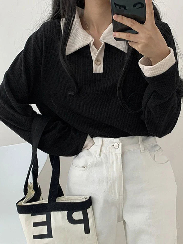 maoxiangshop Casual Women T-shirts Korean Fashion Sweet Preppy Style Tops Female Autumn Long Sleeve Turn Down Collar Basic Pullovers Tees
