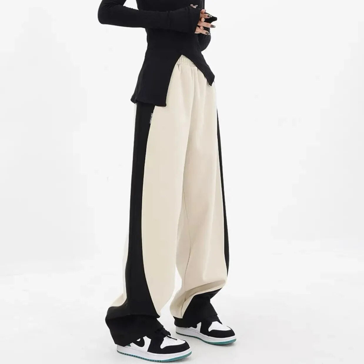 maoxiangshopHip Hop Women Contrast Color Wide Leg Pants Spring Summer Streetwear Fashion Elastic Waist Loose Sports Casual Straight Trousers