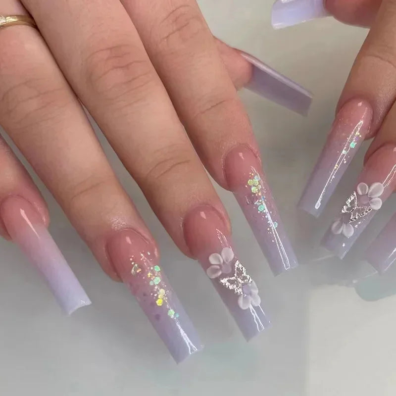 maoxiangshop 24Pcs Coffin False Nails Purple Butterfly Designs Fake Nails with Shiny Rhinestone Wearable French Full Cover Press on Nails