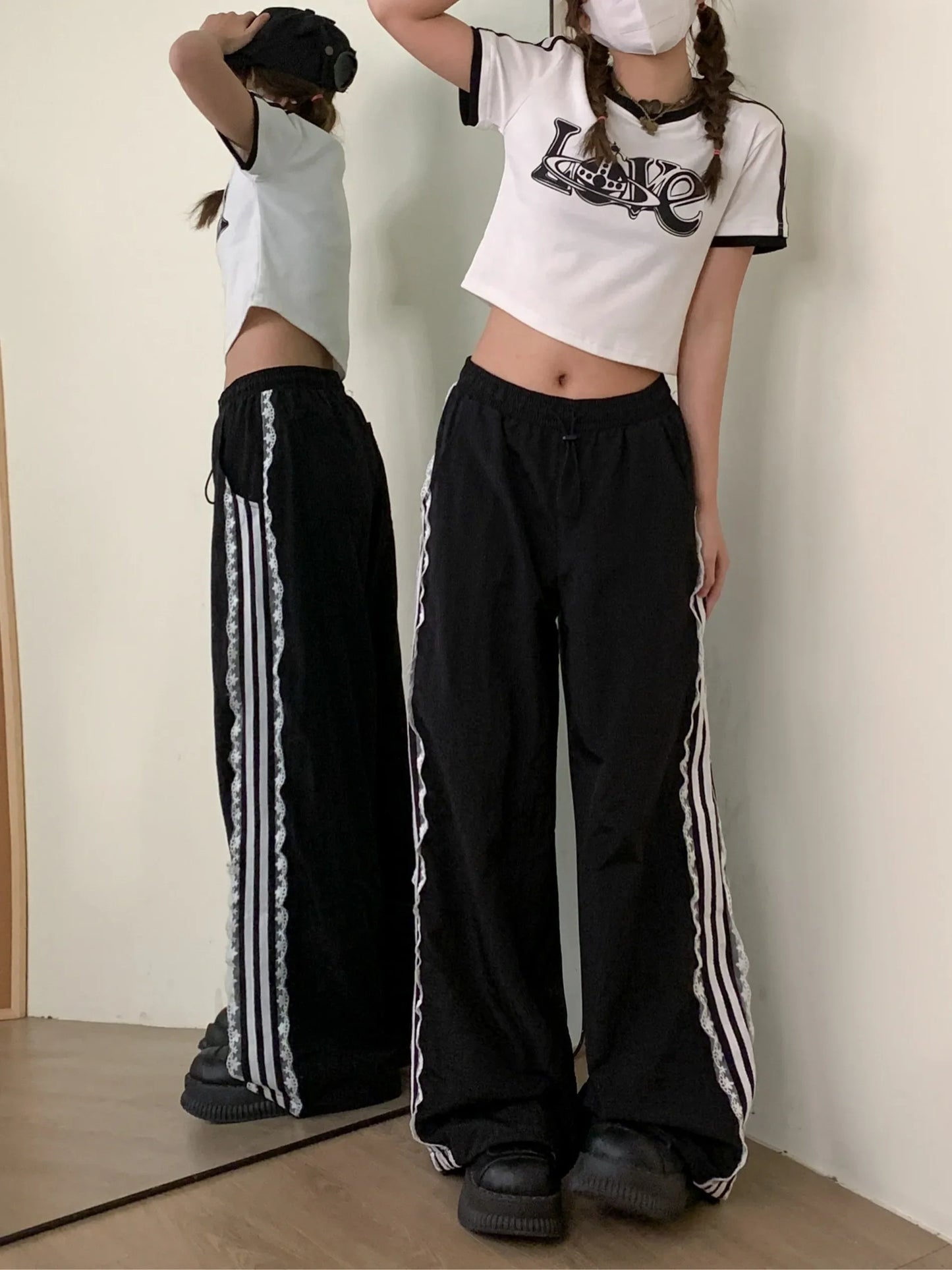 maoxiangshop - Women New Black Gothic Baggy Striped Pants 90s Vintage Oversize Y2k Trousers Streetwear Korean Harajuku Parachute Pants Clothes
