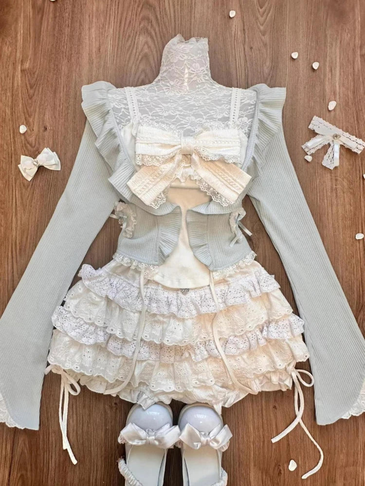 maoxiangshop - Sweet 3 Piece Sets Women Harajuku Ruffled Cardigan + Lace Patchwork Bow Vest + Mini Cake Skirts Cute Y2k Aesthetic Outfits Suit