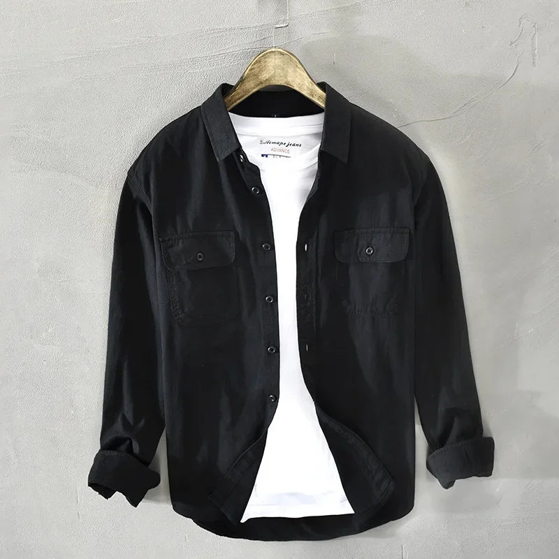 maoxiangshop Spring and Autumn New Men Men's White Long Sleeve Shirt Pure Cotton Retro Style Button Up Pocket Male White Clothes Top