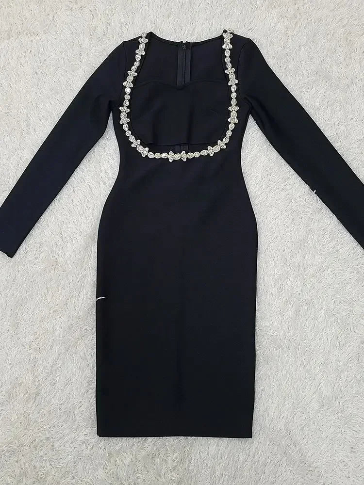 maoxiangshop New Summer Women's Black Long sleeved Luxury Diamond Hollow Tight and Sexy Celebrity Cocktail Party Bandage Dress