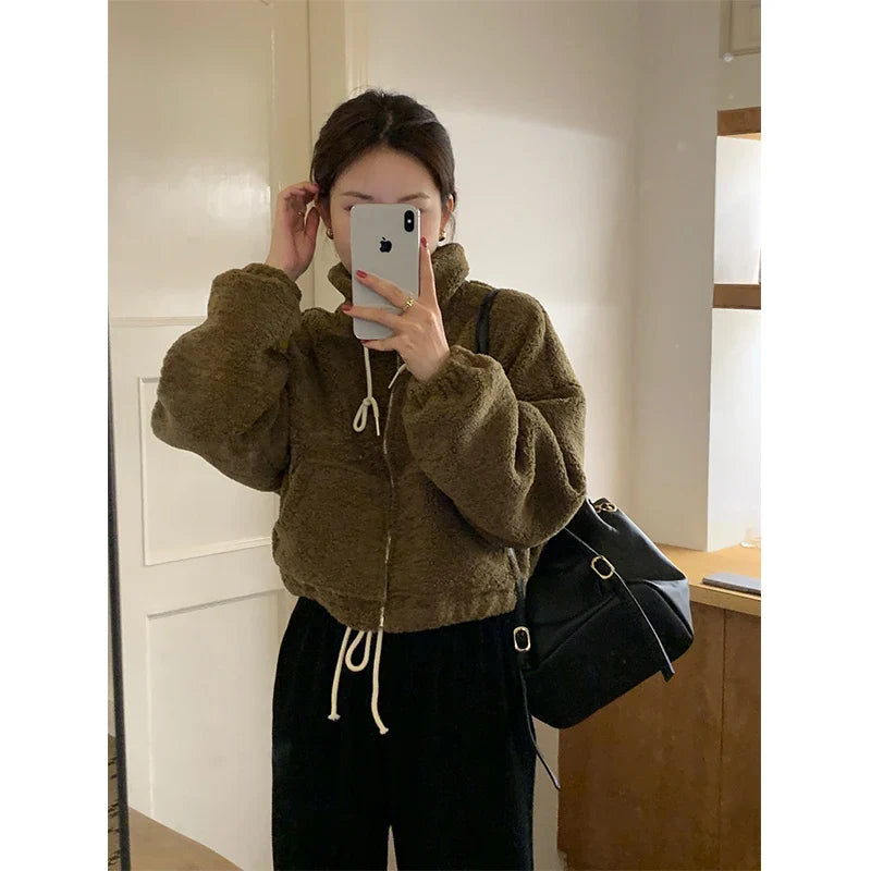 maoxiangshop - Cropped Lamb Wool Coat Women Streetwear Stand Zipper Short Jacket Winter Korean Solid Simple Warm Casual All Match Outerwear New