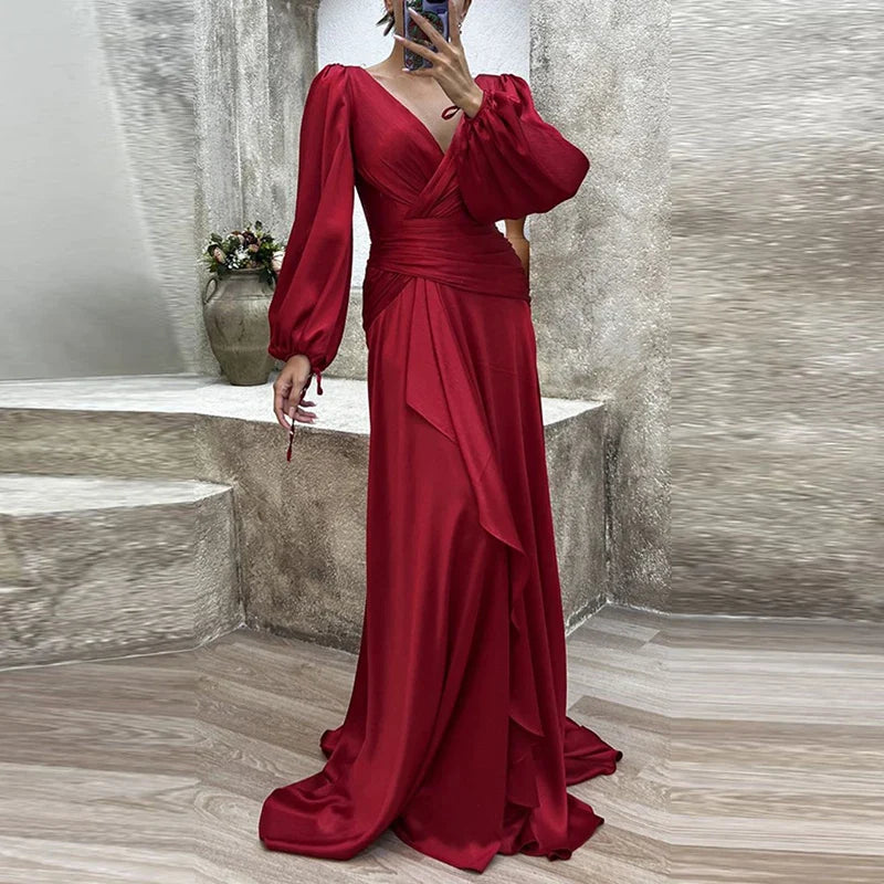 maoxiangshop Cocktail Full Length Women Hem Maxi Dress Luxury Female V-neck Waist Party Dress Elegant Lantern Sleeve Ruffle Satin Dresses