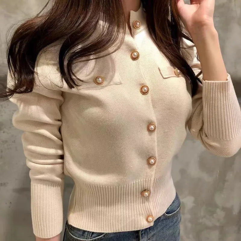 maoxiangshop Fashion Women Cardigan Sweater Spring Knitted Long Sleeve Short Coat Casual Single Breasted Korean Slim Chic Ladies Top