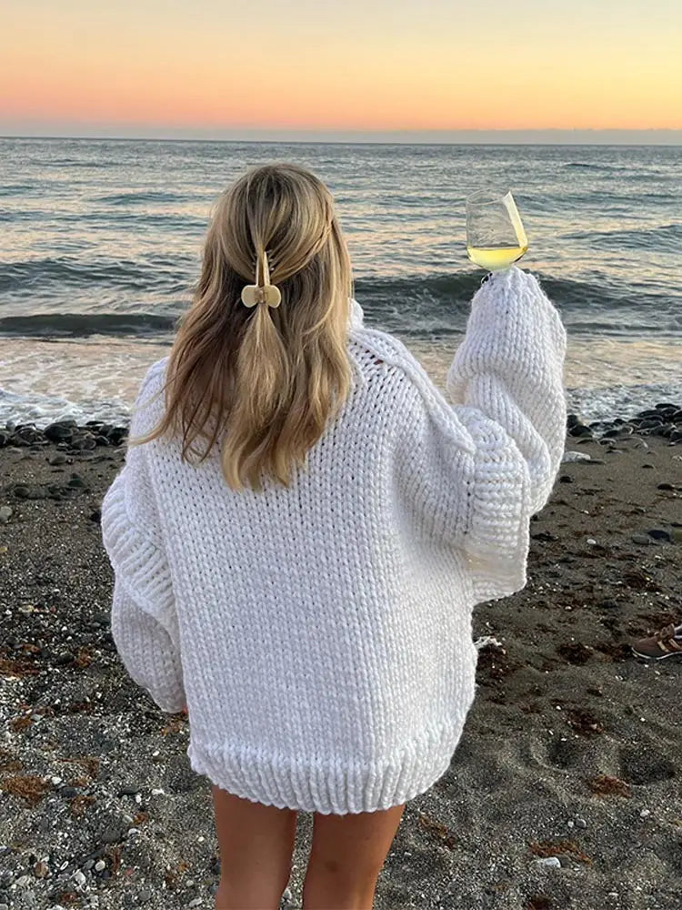 maoxiangshop - Women Solid Knit Turtleneck Pullover Lantern Sleeve Thick Warm Oversized Loose Top Sweater Fall Winter Female Knitwear