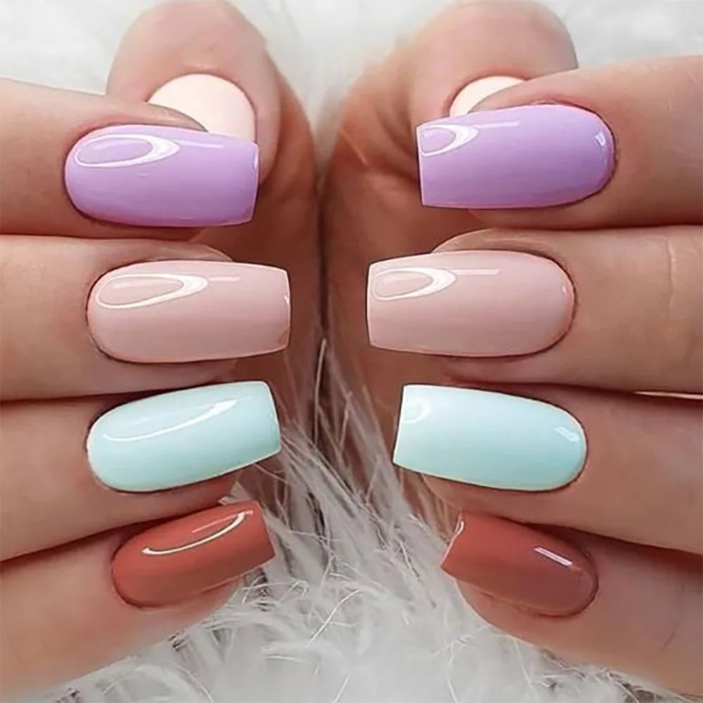 maoxiangshop 24pcs/set short square fake nails for women girls Pink green blue yellow purple tips faux ongles press on false nail supplies