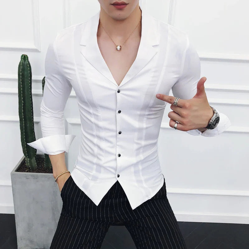 maoxiangshop Men Clothing High Quality Spring Long-Sleeved Shirts/Male V-neck Slim Fit Casual Business Dress Shirts Plus Size S-4XL