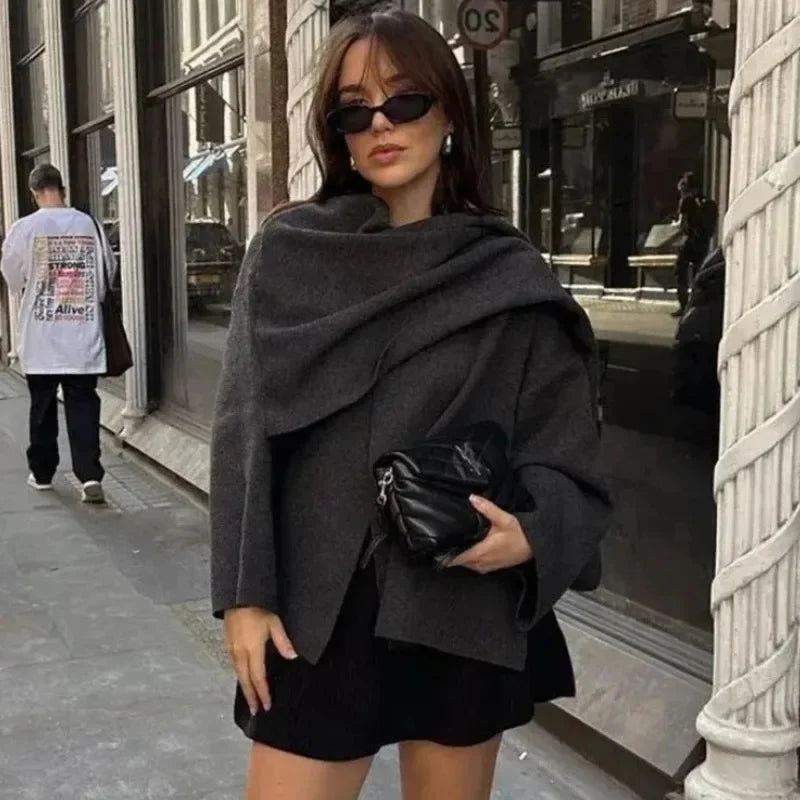 maoxiangshop - Fashion Asymmetric Scarf Knitted Jacket Women O Neck Single Button Side Slit Solid Loose Coat Winter New Female Chic Outerwear