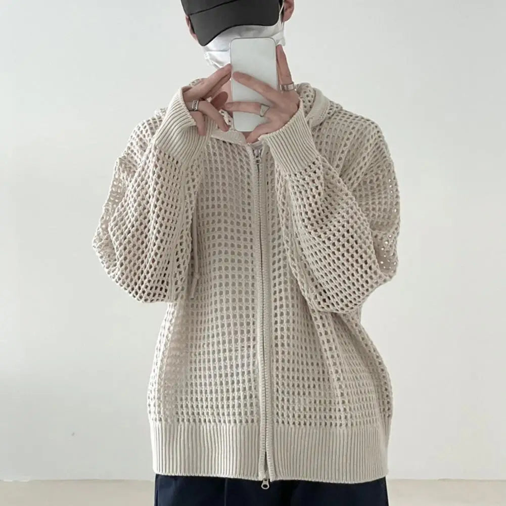 maoxiangshop Hollow Design Men Jacket Hooded Hip Hop Cardigan Stylish Men's Winter Jacket with Hollow Out Design Zipper Closure Men Hooded