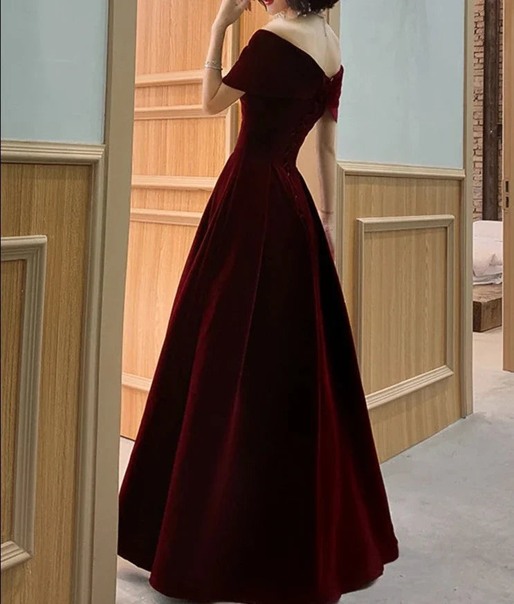 maoxiangshop Spring Long Luxury Elegant Wine Red Soft Velvet Evening Party Wedding Dresses for Women Off Shoulder Maxi Dress