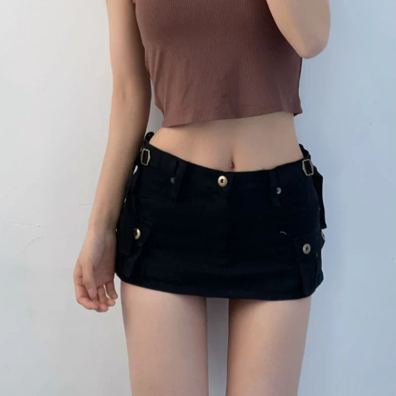 maoxiangshop Denim Cargo Mini Skirt Women Korean Style Low Waist Slim Sexy Vintage Streetwear Green Jean Skirt Y2k Girl Summer