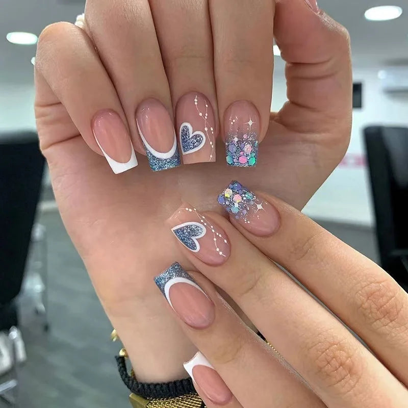 maoxiangshop 24Pcs Long Square Head False Nails with Gold Foil Design Wearable Black French Fake Nail Glitter Coffin Full Cover Press on Nail
