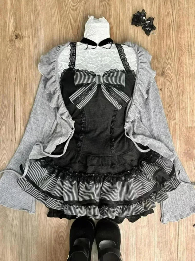maoxiangshop - Sweet Lolita Lace Up Ruffles Cardigan+ Sexy Slim Fit Strapless Vest Tops+ High Waist Ruched Skirts Early Autumn Three Piece Sets