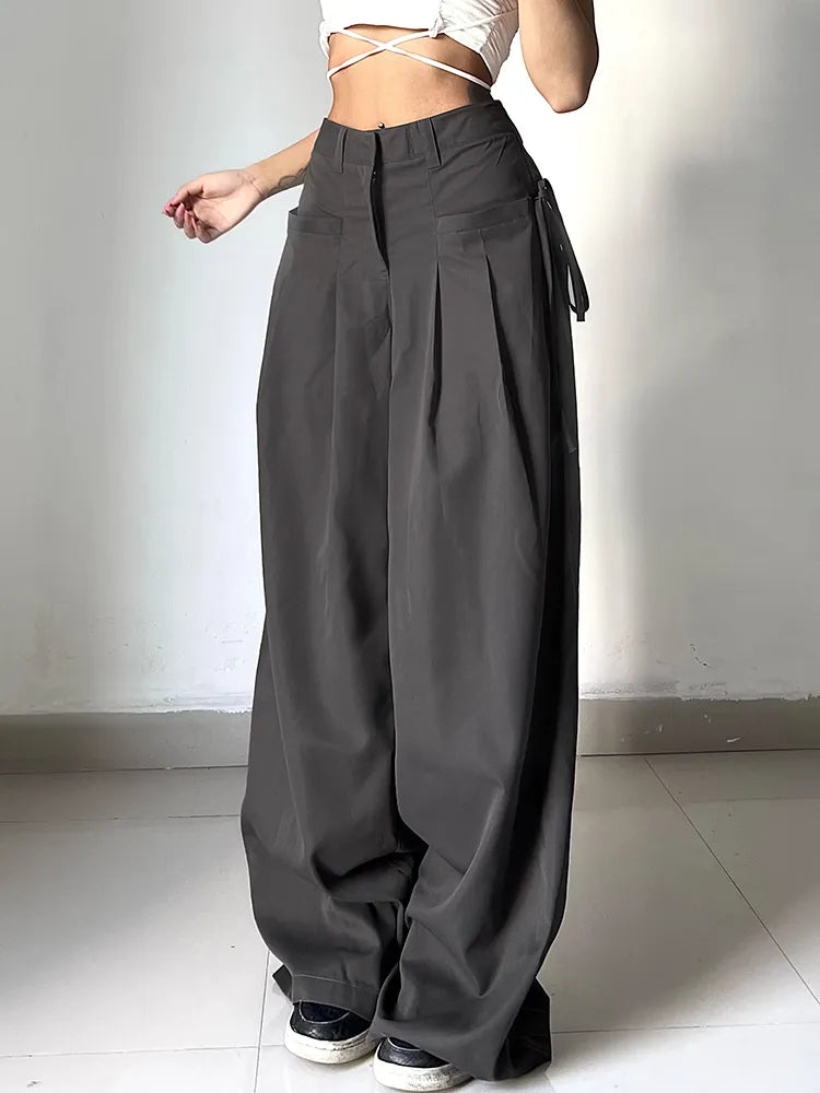 maoxiangshopShirring Casual Wide Leg Pants Women High Waist Street Basic Loose Sweat Trousers Korean Retro Gray Office Lady Pants