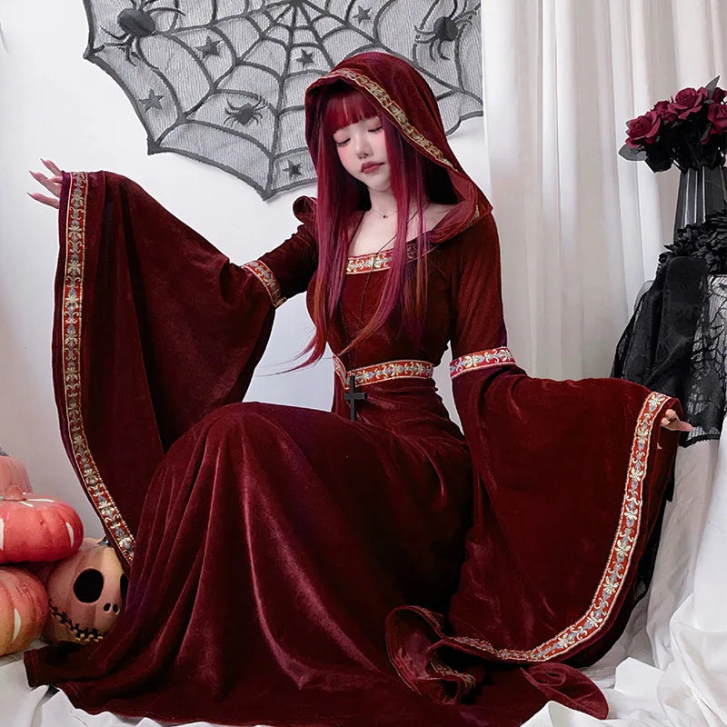 maoxiangshop - Halloween Adult Cosplay Costumes Medieval Retro Court of Europe Vampire Little Red Riding Hood Female Witch Dress 