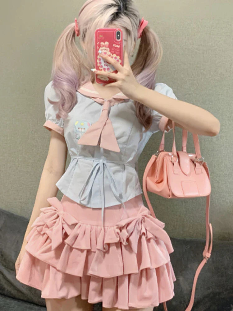 maoxiangshop Pink Kawaii Skirt Women Ruffle Patchwork Layered Bow High Waist Cute Mini Skirt Shorts Harajuku Japanese Style Soft Girl