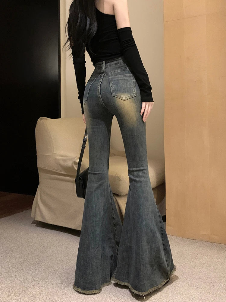 Korean Fashion Women Ripped Denim Pants Vintage Flare Jeans Harajuku Y2k Japanese Streetwear Grunge Trousers Kpop Grunge 2000s