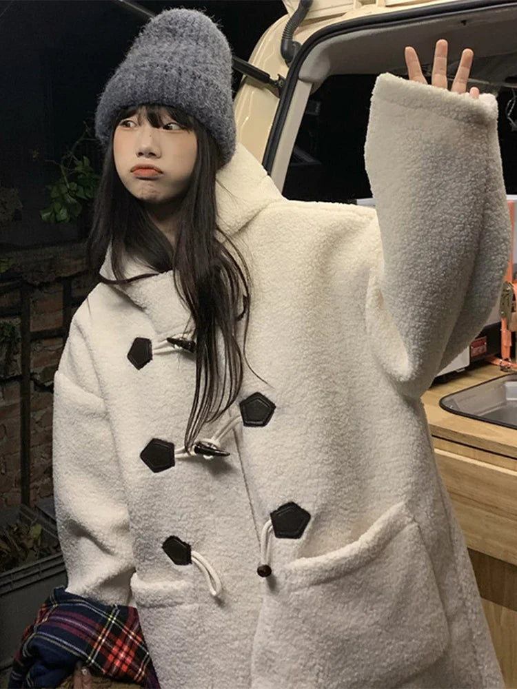 maoxiangshop - Casual Fluffy Lamb Wool Long Coats Women Warm Loose Horn Button Pockets Solid Coat Female Winter Elegant Chic Streetwear