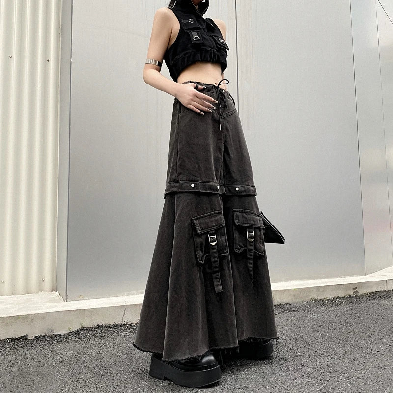 Spring Women Vintage Baggy Streetwear Denim Skirt Grunge 00S High Waist Y2K High Street Basic A-Line Lady Pockets Skirt