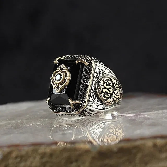 maoxiangshop Retro Handmade Turkish Signet Rings for Men Ancient Silver Color Carved Ring Mystic Zircon Inlay New Punk Motor Biker Ring
