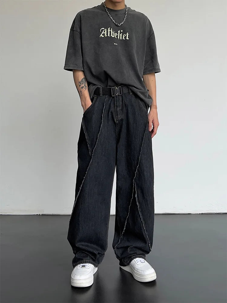 maoxiangshop 2024 Men HipHop Distressed Jeans Pants Men Ripped Patchwork Denim Pants Male Oversized Loose Casual Streetwear Wide Leg Trousers