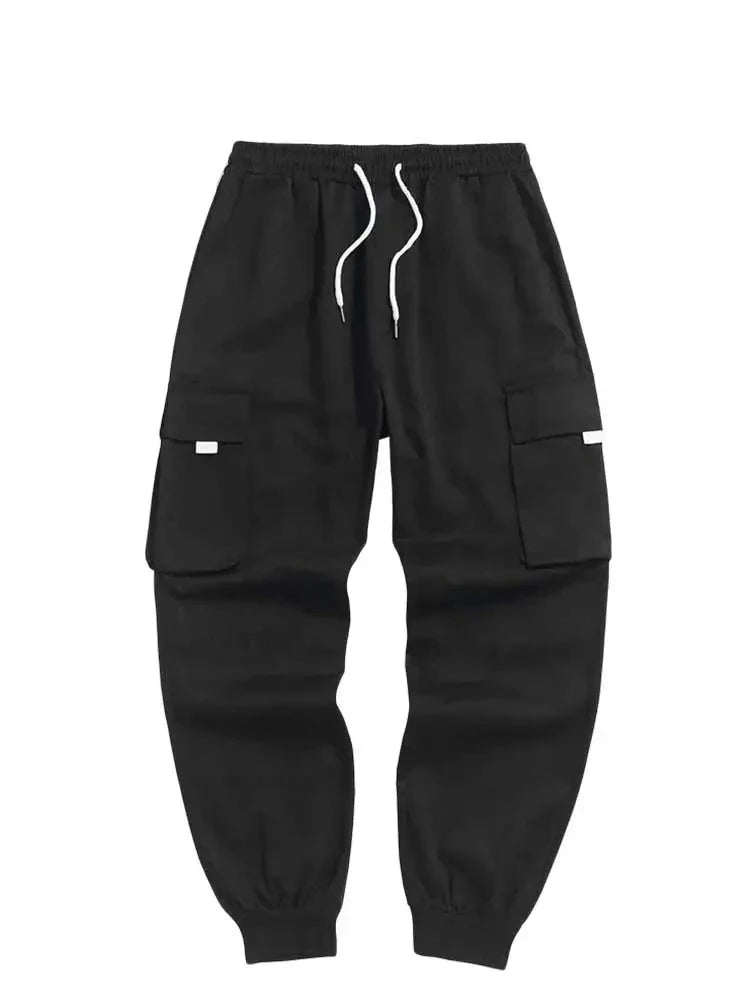 maoxiangshop Men's Cargo Pant Solid Mid-waist Elastic Tooling Trousers Techwear Sweatpants with Flap Pocket Drawstring Beam Feet Pants