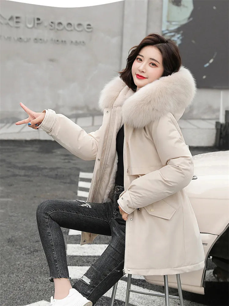 maoxiangshop Winter Coat Low Price On Sale Women Beige Add Wool Thick Warmth Fur Hooded Parkas Jacket New Fashion Belt Slim Cotton Coat