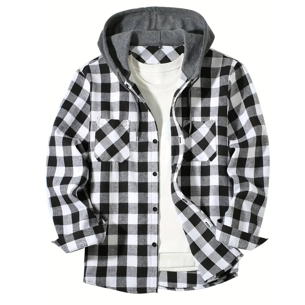 maoxiangshop Spring Autumn Men's Hoodies Shirts Classic Plaid Casual Button Down Hooded Long Sleeved Double Pockets Shirt Flannel Jacket Tops