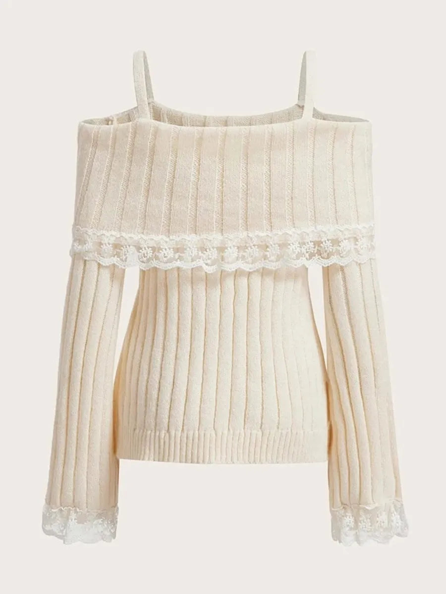 maoxiangshopWomen's Cold Shoulder Sweaters Long Sleeve Contrast Lace Knit Pullovers Bow Front Jumper Tops