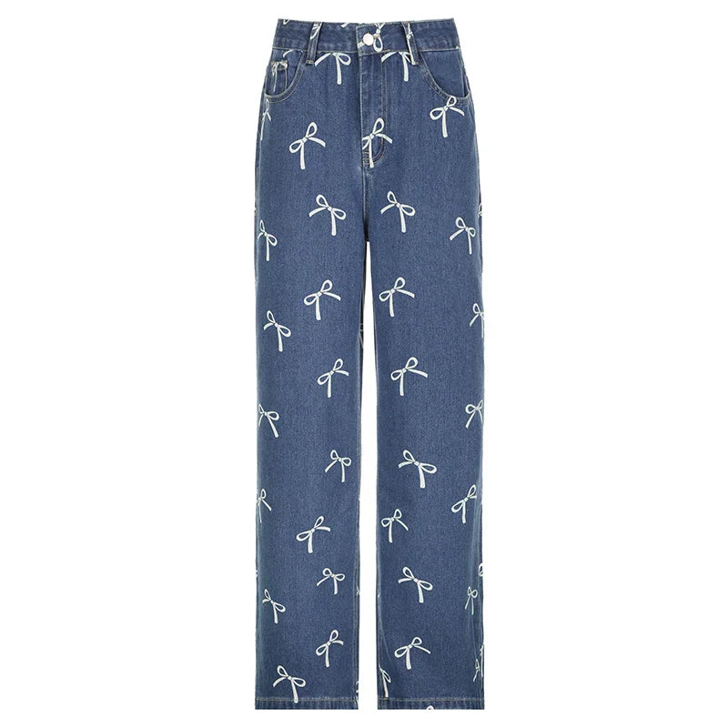 Korean Fashion Bow Pattern Printed Women Jeans Low Waisted Straight Leg Denim Trousers Cute Sweet Harajuku Sweatpants